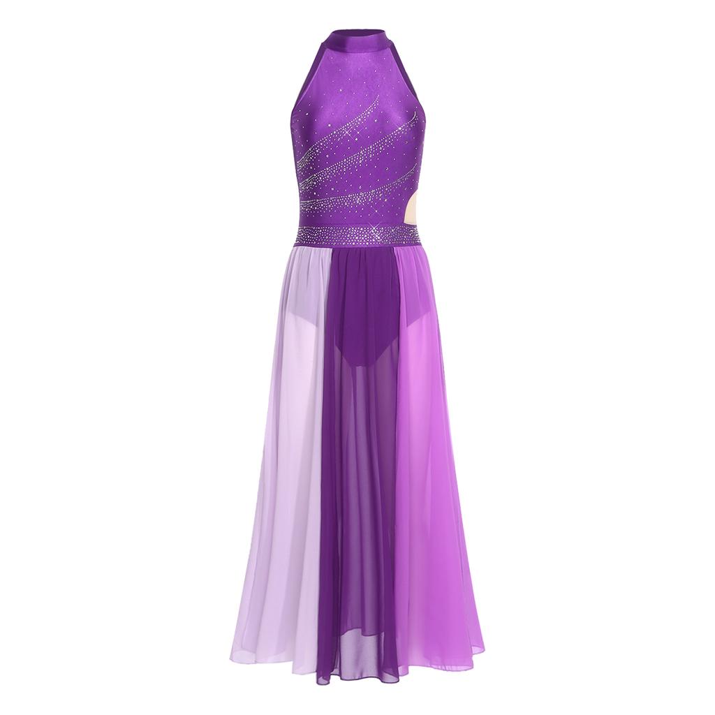 Rhinestone Color Block Mesh Leotard for Women S-XXL: Sleeveless Slit Hem Bodysuit Dress for Lyrical Contemporary Dance Costume