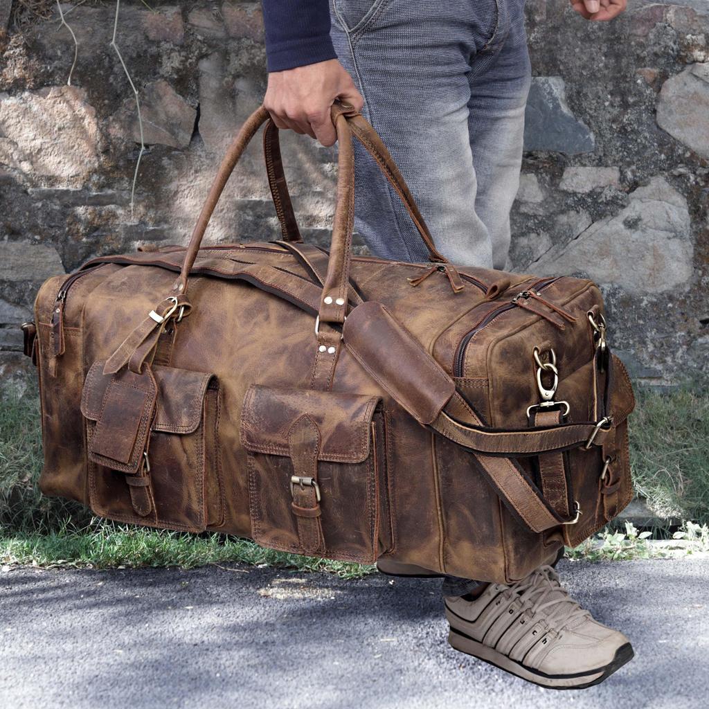 Handmade Top Grain Leather Duffle Bag: Weekender Travel Gym Bag