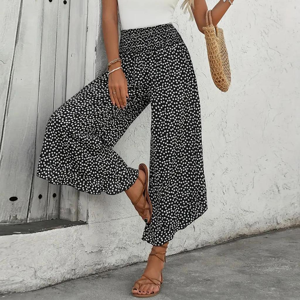 Women Casual Wide Leg Pants High Waist Loose Fit Polka Dot Print Elastic Waistband Palazzo Trousers