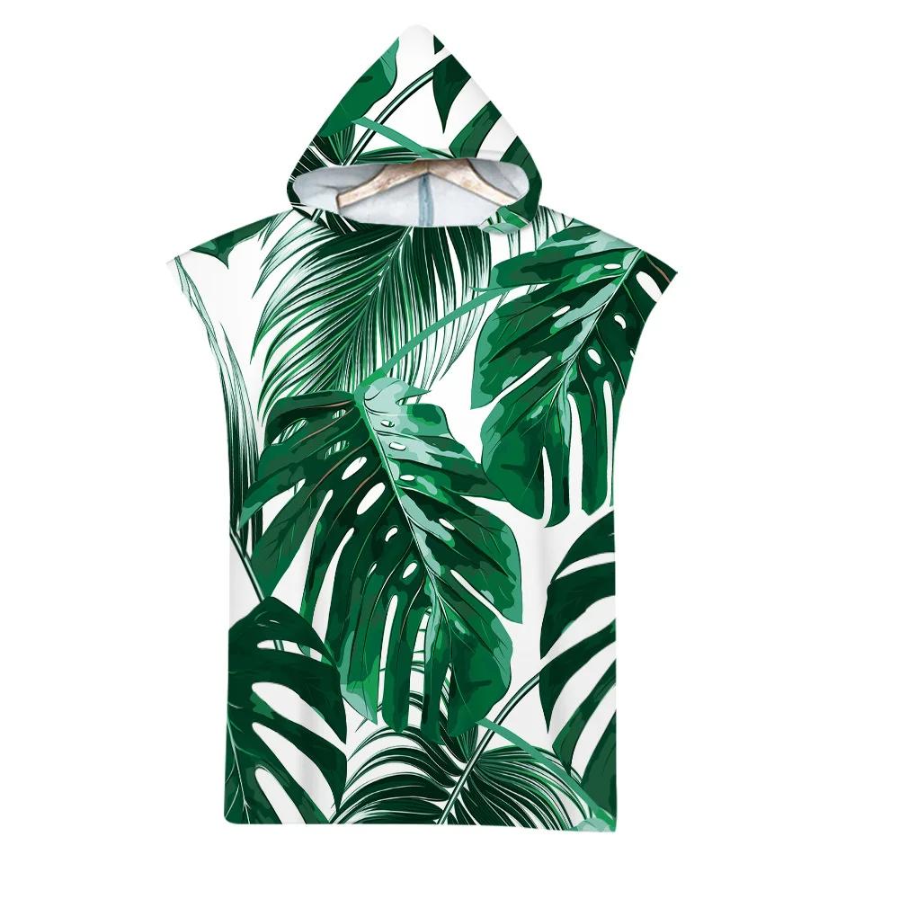 Leaf Pattern Microfiber Beach Towel Quick Dry Hooded Cloak Wetsuit Towels Adult Kids Parent-Child Poncho Bathrobe For Swim Surf