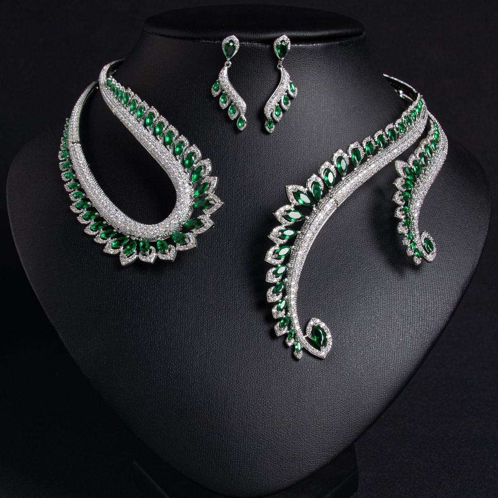 Luxury Cubic Zirconia Yellow Clear Green Red Water Drop CZ Necklace Earring Set for Women Bridal Nigeria Wedding Party Gifts