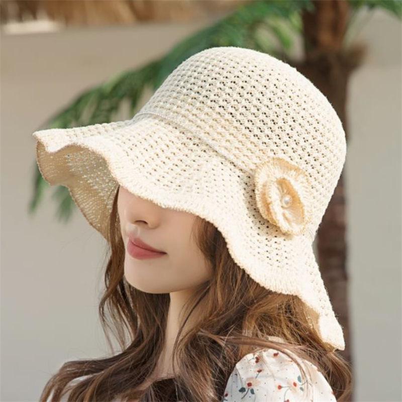 Korean-style Summer Wavy Edge Floral Hollow Breathable Sun-shading Fisherman Hat for Women, Suitable for Spring and Autumn, Foldable Beach Sun Hat