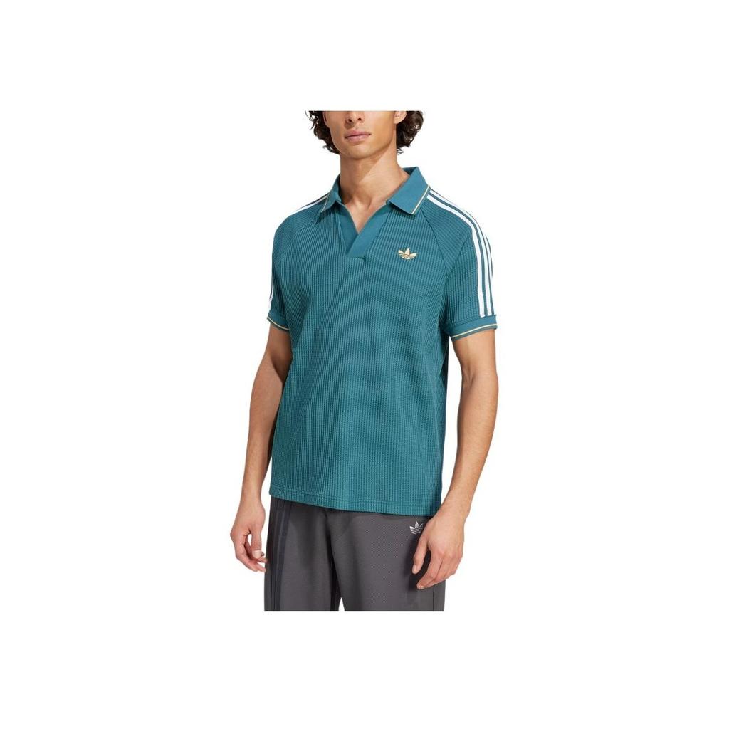 adidas Originals Waffle Knit Retro Striped Short Sleeve Polo Shirt Men Polo Shirts Detective-Green Light-Orange-Yellow White KC0691