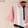 ZANZEA Women Casual Turn Down Collar Short Sleeve Patchwork Dress
