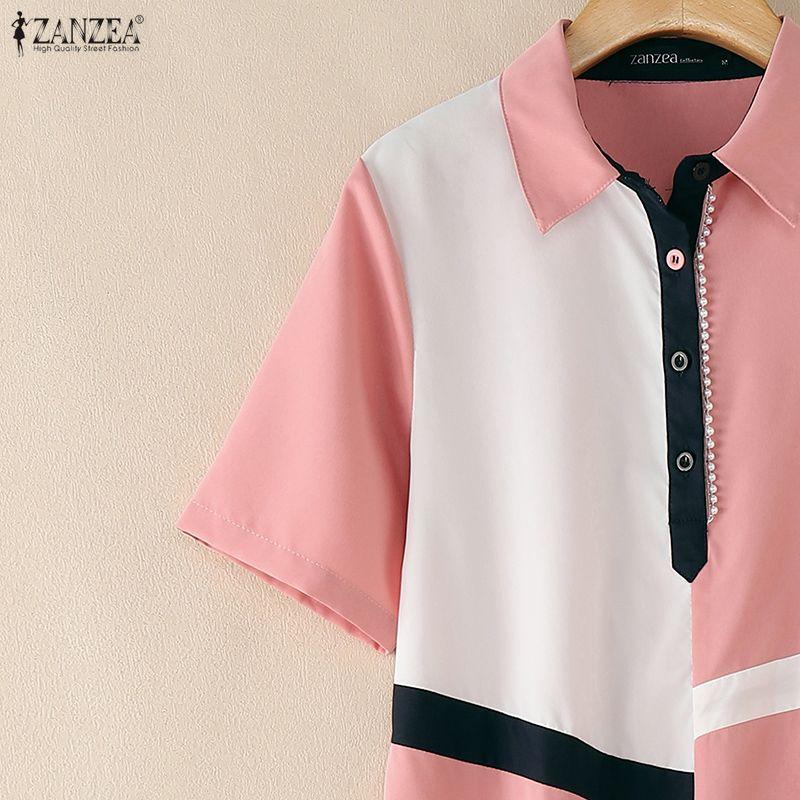 ZANZEA Women Casual Turn Down Collar Short Sleeve Patchwork Dress