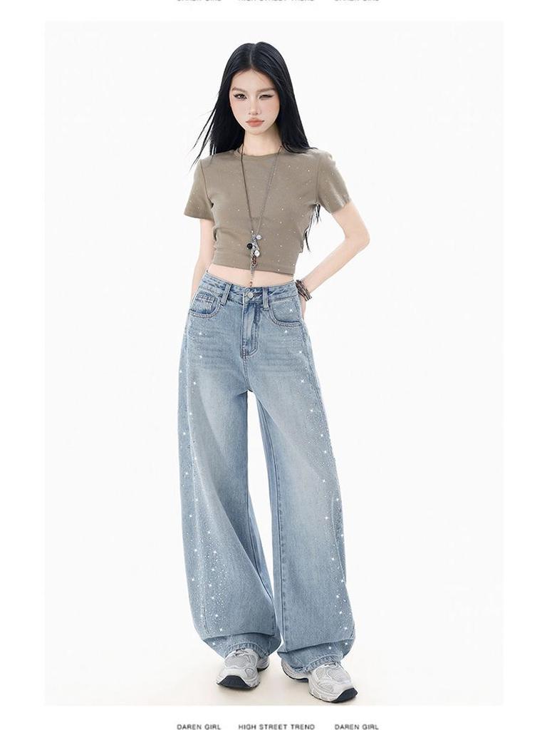 2026 Women's Rhinestone Wide-Leg Jeans: Loose, Slimming, High-End Floor-Length with Concealing Design for Spring/Autumn