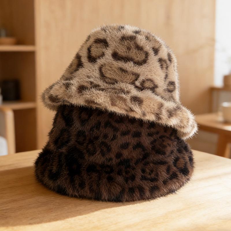 Fluffy Leopard Print Bucket Hat Thick Warm Ear Flap Fashionable Versatile Hat