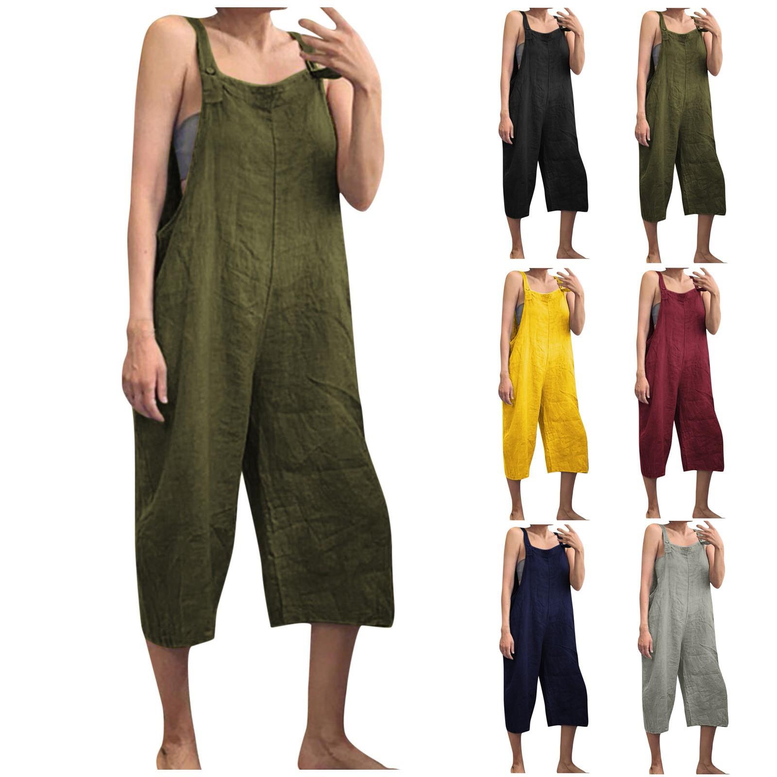 

(SU)Женский однотонный хлопковый укороченный свободный повседневный комбинезон с нагрудниками