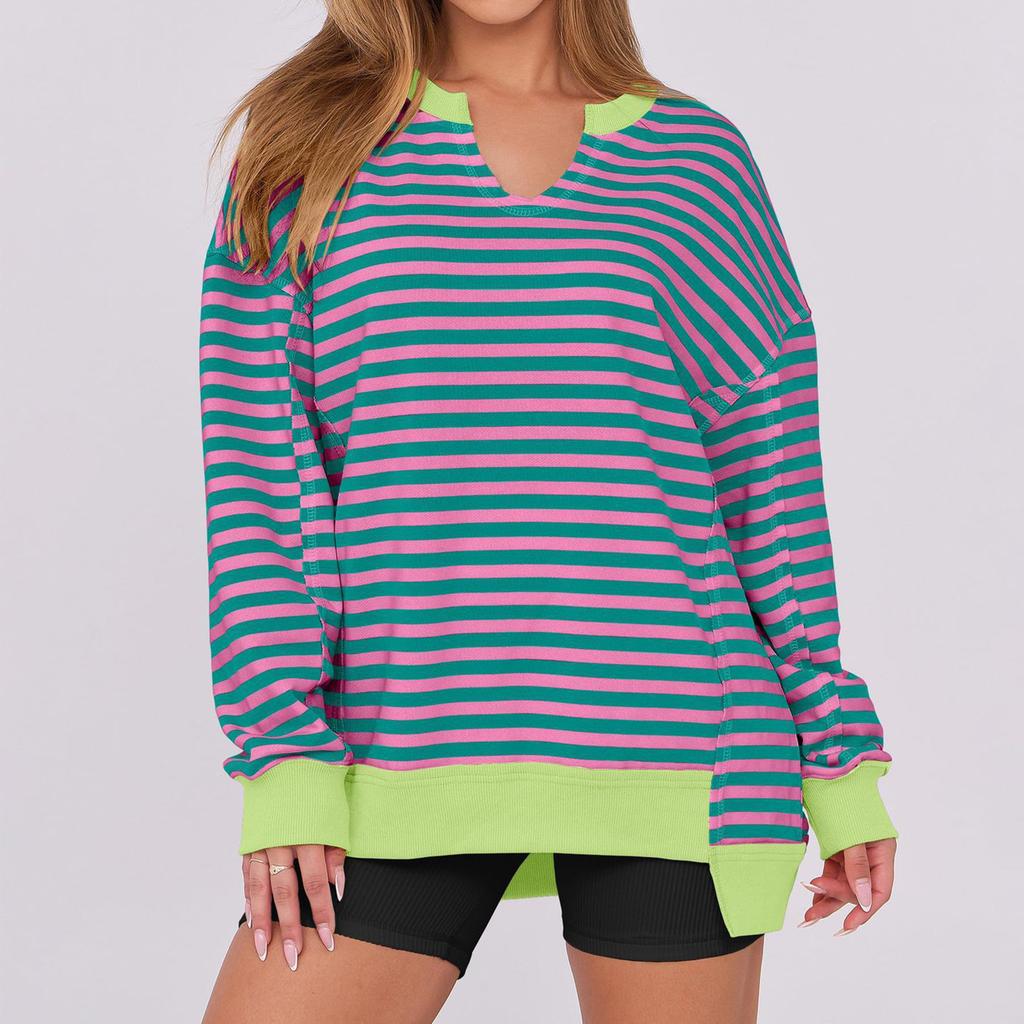 Women's Loose And Comfortable Striped Printed V-neck Loose Sportswear Sweatshirt