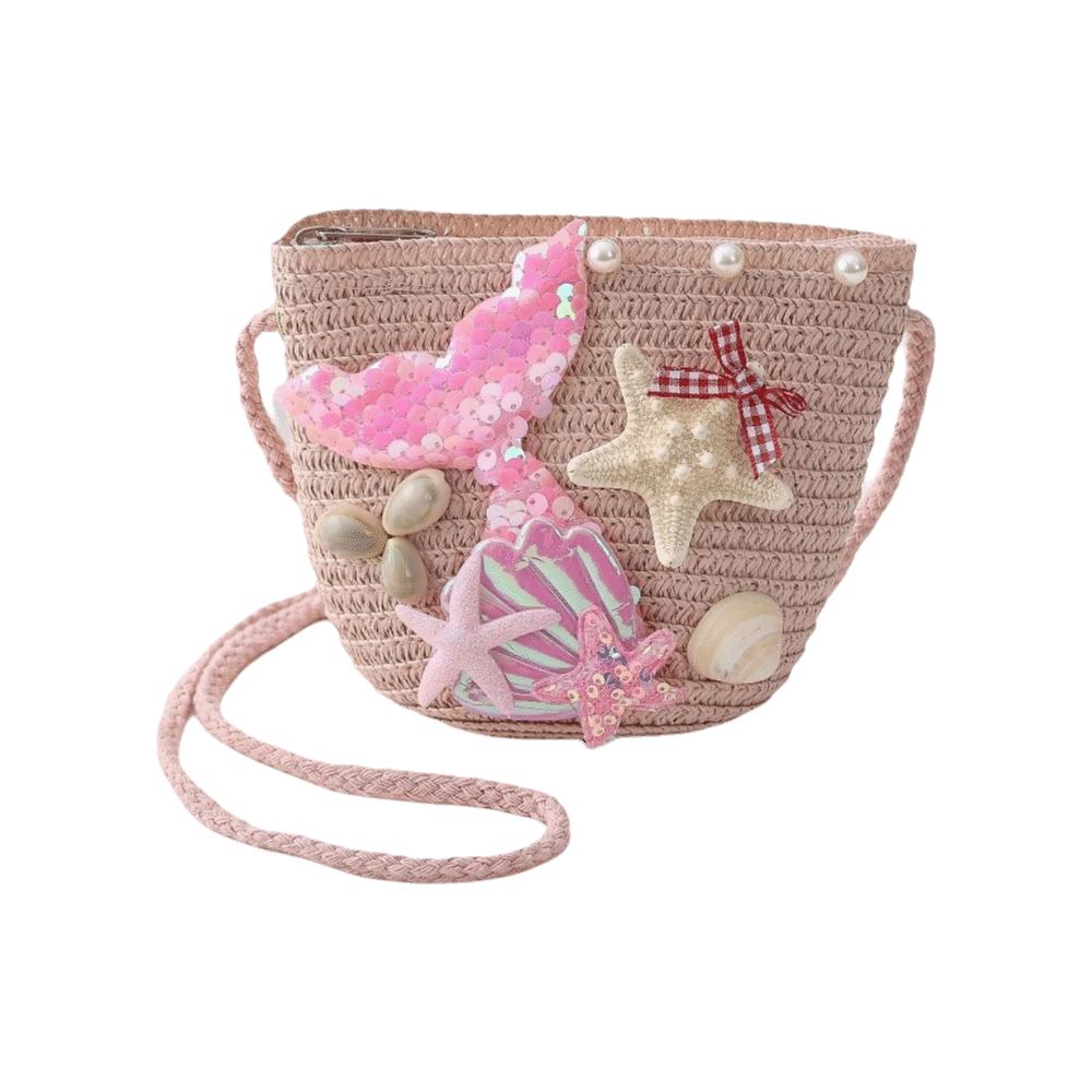 Straw Woven Mermaid Crossbody Bag Breathable Kids Shoulder Bag Fashionable Match Beach Bag Cartoon