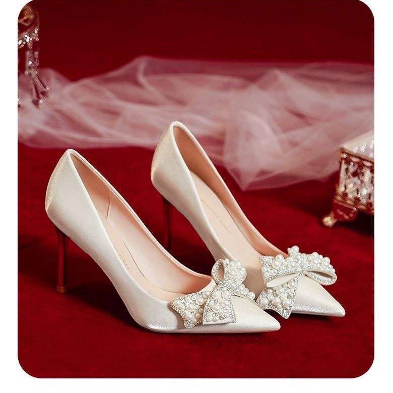 Pointed High Heels Wedding Shoes Women's 2025 New Xiuhe Wedding Dress Two Wear Bride Shoes Champagne Stiletto Bridesmaid Shoes Spring