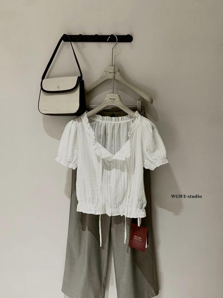 Spring/Summer Women's Puff Sleeve Lace-up Waist Cinching Cropped Shirt