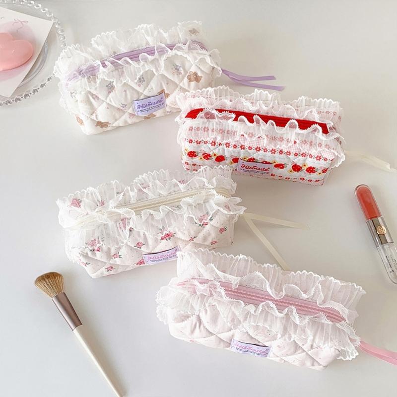 Quilted Pencil Pouch Bag Zippers Pen Case with Lace Trim, Stationeries Organizers for Students, Desk and School Bag Carry