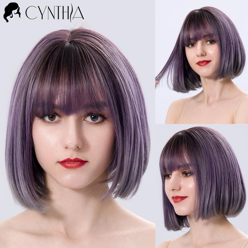 Green Short Bob Hair Synthetic Wig For Woman With Bangs Blonde Ombre Pink Cosplay Lolita Party Heat Resistant Daily Natural Hair
