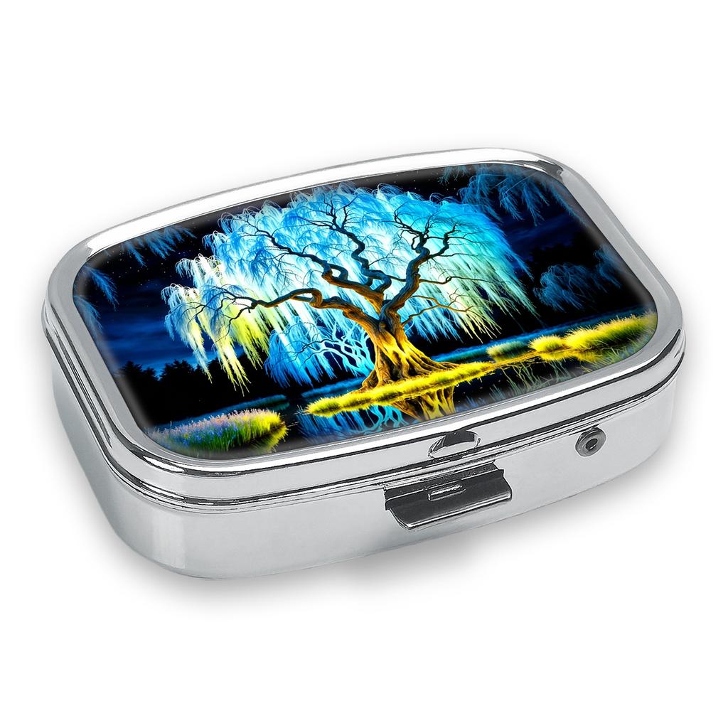 Portable Pill Box with 2 Compartments, Mini Metal Medicine Organizer Case, Cute Printed Pill Container for Vitamins, Pills, Jewelry, Travel, Daily Use