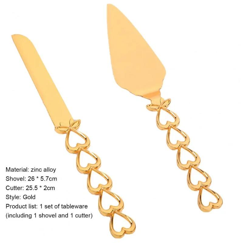 2Pcs/Set Cake Cutter Rust-proof Multi-purpose Heart Shape Handle Golden Wedding Cake Knife Server Set for Party Cooking Baking