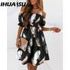IHUASU Damen Sommer Mode Ein Schulter Kurzararm Farbverlauf Print Rüschen Mini Kleid