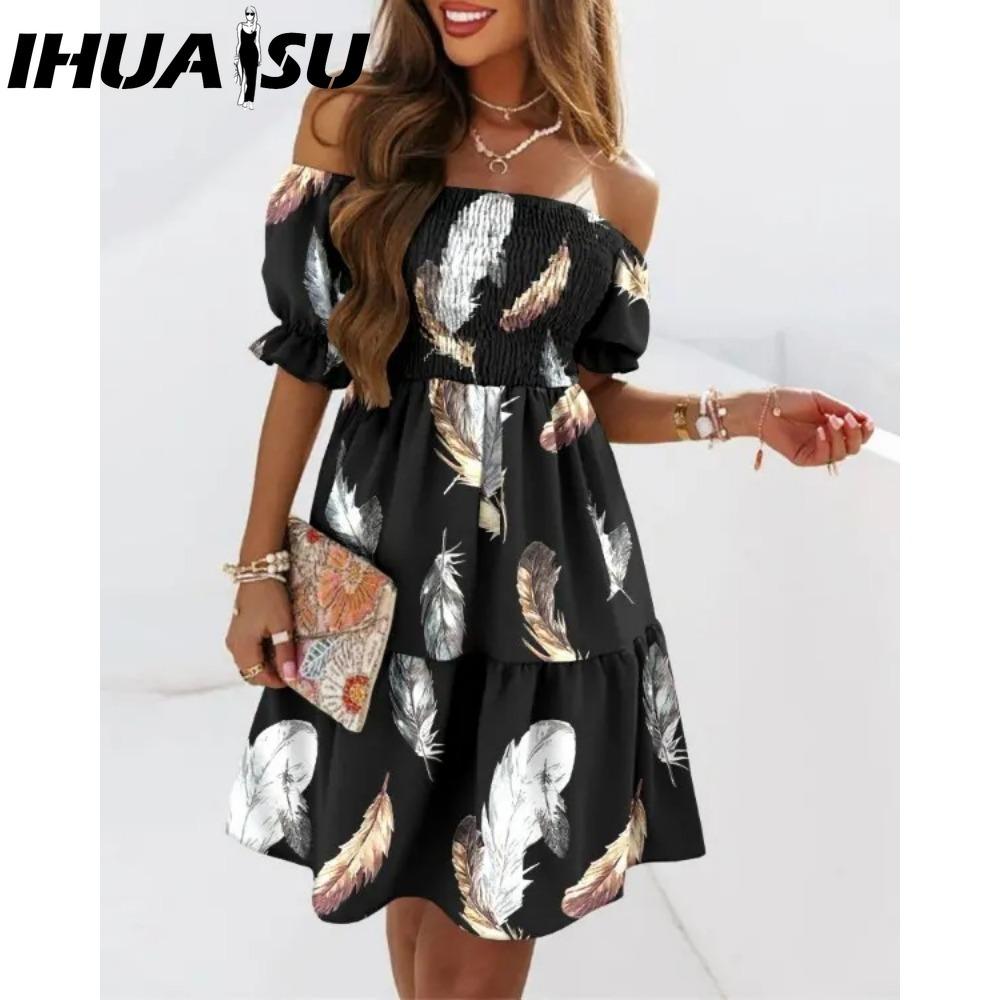 IHUASU Damen Sommer Mode Ein Schulter Kurzararm Farbverlauf Print Rüschen Mini Kleid