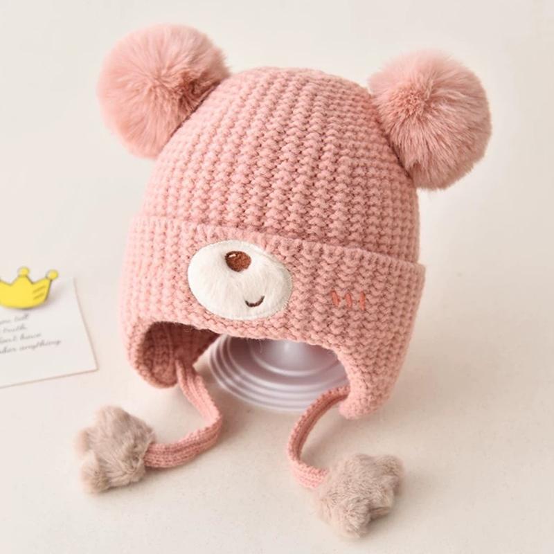 Baby Wool Hat For Boy Girls Cute Bear Ear Protection Hat Children Winter Thickened Warm Knitted Korean Cute Pompom Baby Hat