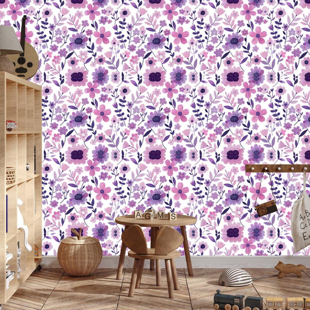 Wallpaper Flowers White, Purple and Powder Pink for the Living Room and Bedroom 50x1000