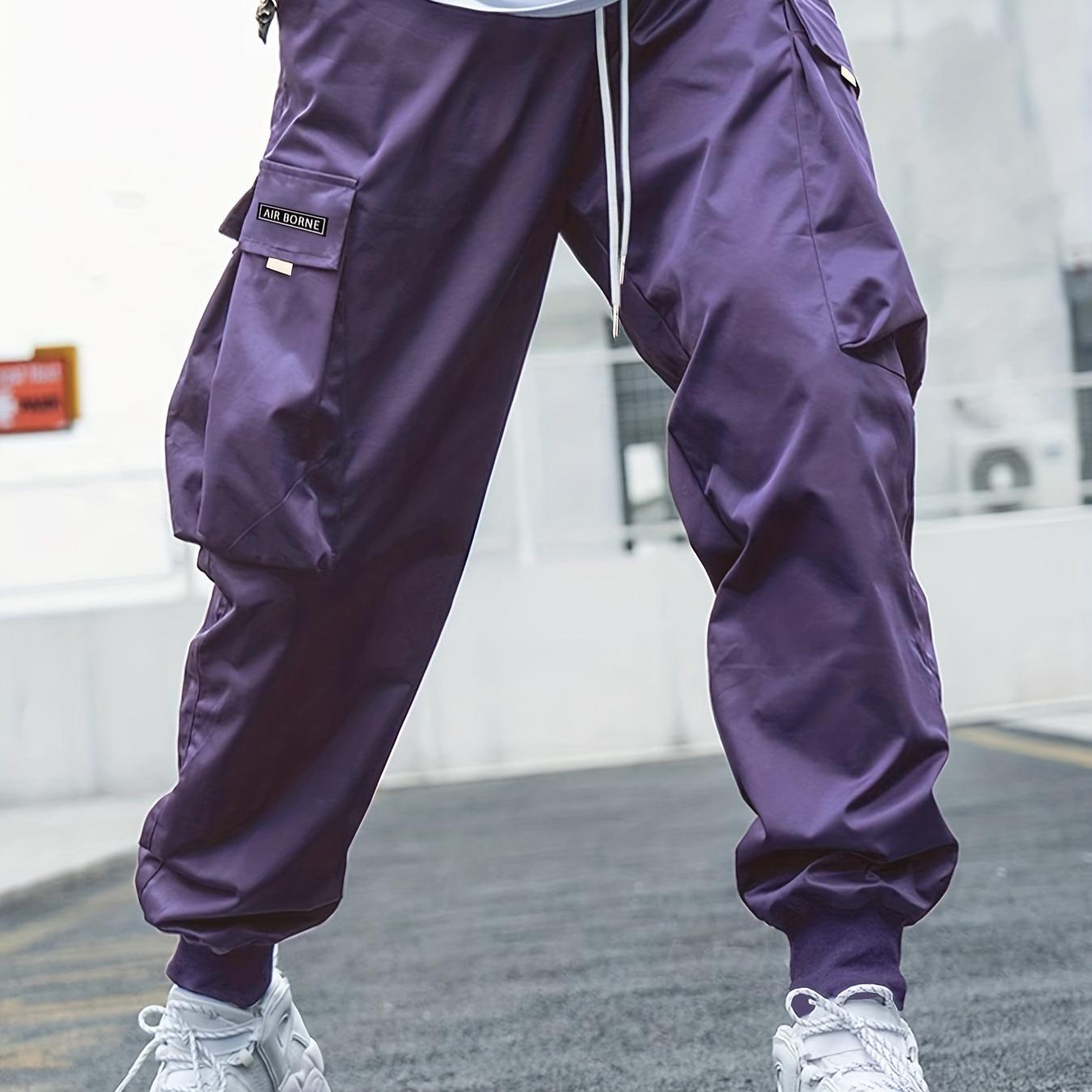 Men Flap Pocket Side Drawstring Waist Pants S фиолетовый