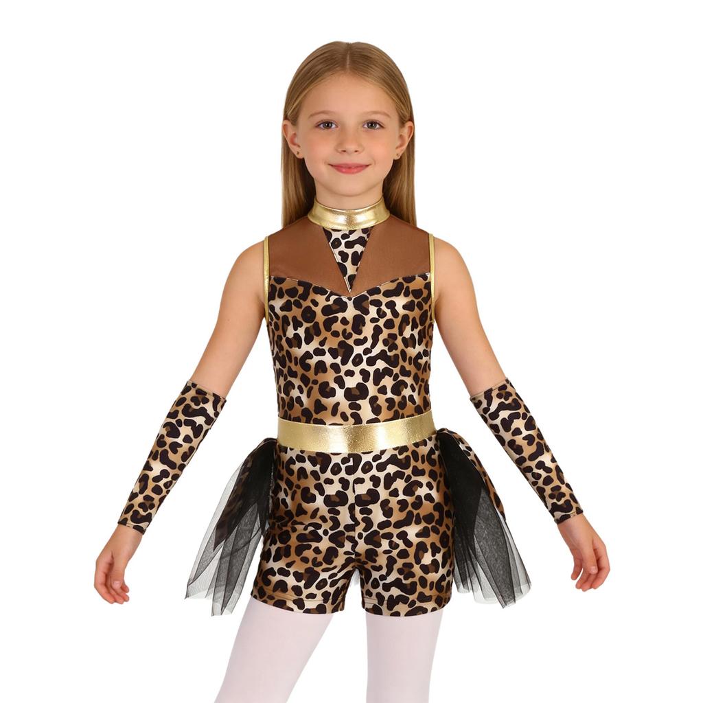 Girls Caveman Cosplay Leopard Pattern Jumpsuit Gloves Mesh Metallic Shiny Patchwork Sleeveless Tutu Skirt