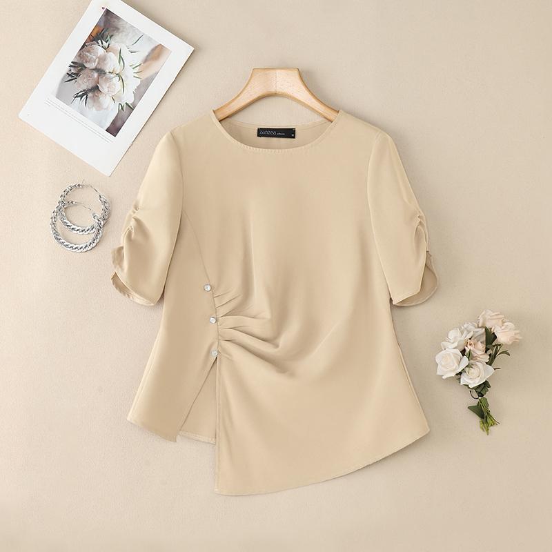 

ZANZEA Women Casual Round Neck Short Sleeve Summer Irregular Blouse S абрикосовий