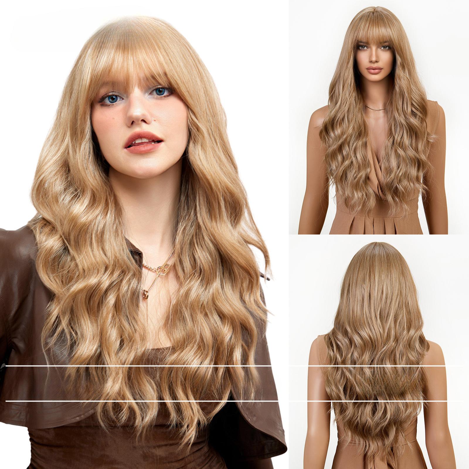 

Золотисто-коричневые пряди розового цвета с комической воздушной челкой, волнистые длинные волосы, темперамент, пушистый ленивый парик, полная форма головы 1#