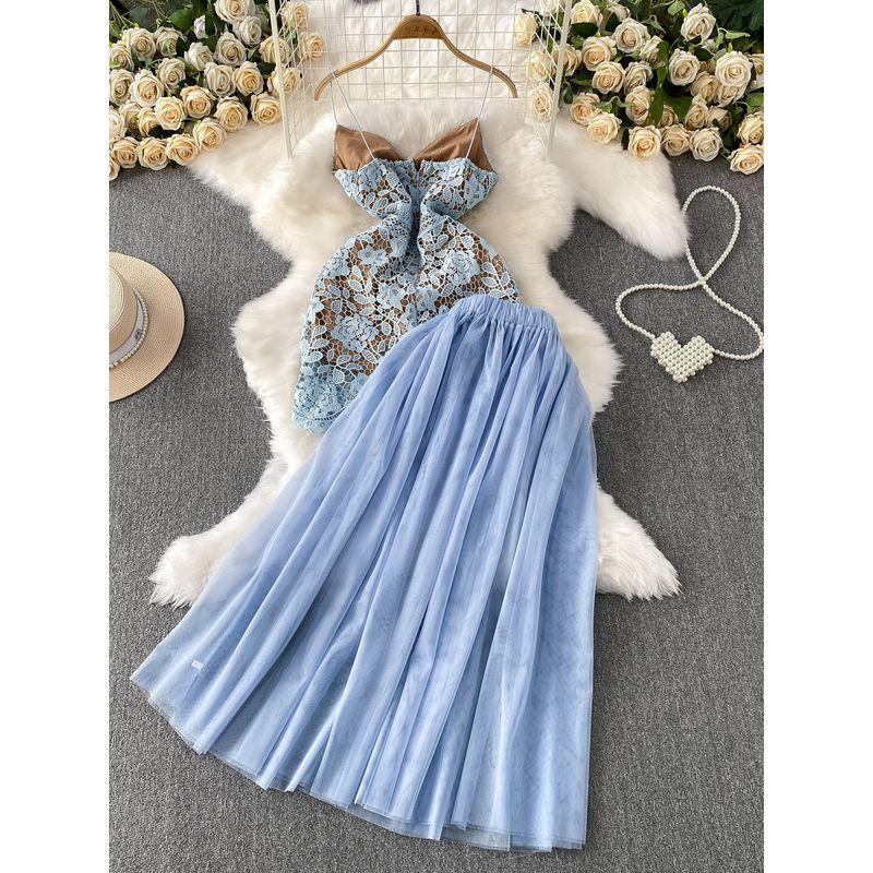 High-End Temperament Water Soluble Lace Sling Short Dress Two-piece Set High Waist Slimming Elegant Mesh Skirt