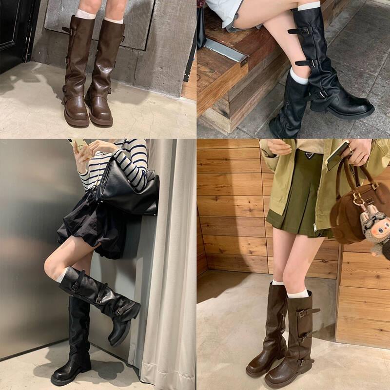 Two Versions Heightened Fashionable New Belt Buckle Square Round Head Pleated Medium Tube Knight Boots Boots Women's Autumn