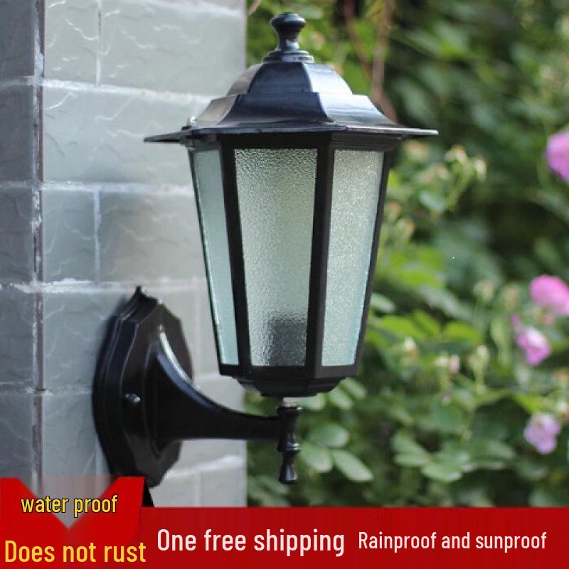 European Retro Hexagonal Outdoor LED Wall Lamp, Waterproof, Antique Bronze/Black Finish for Balcony Decoration.
