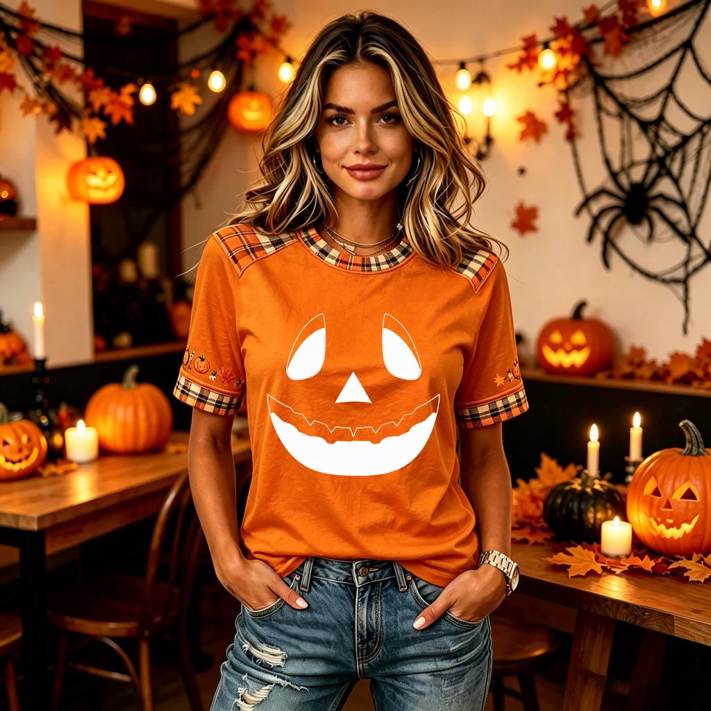 Women's fashion V-neck casual Halloween printed short-sleeved top