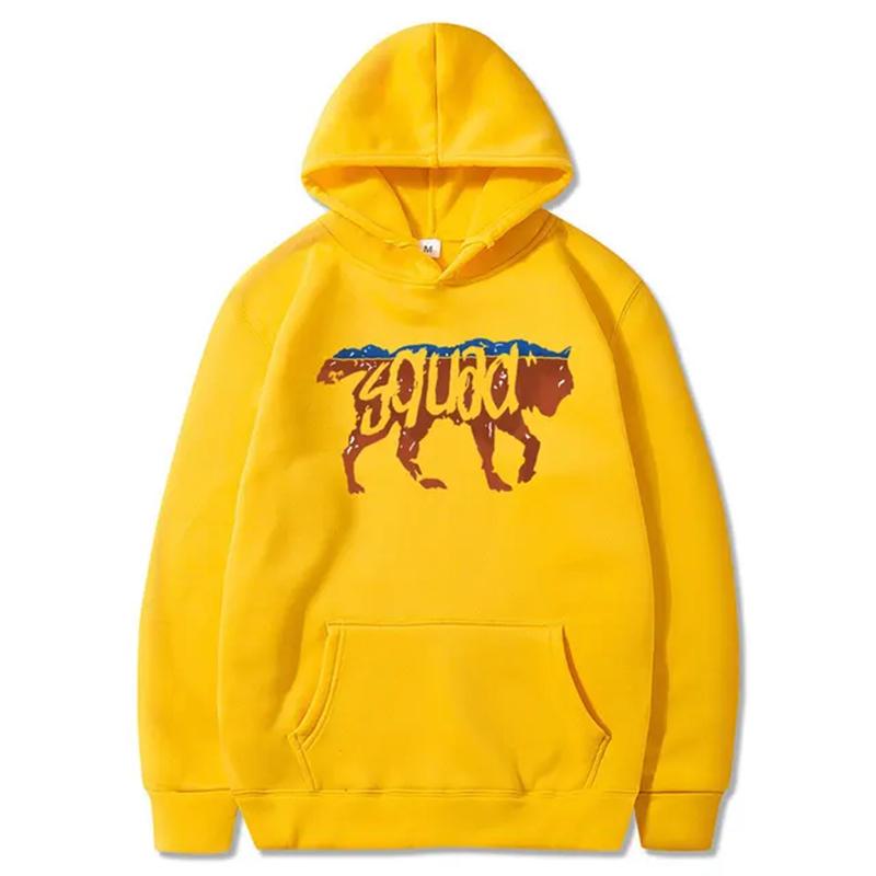 Wild-squad Men Hoodie Front Two-tone Wolf Outline Print, Rust Blue Wolf Figure Graphic, Thick Fleece Sweatshirt for Urban Daily Outfits