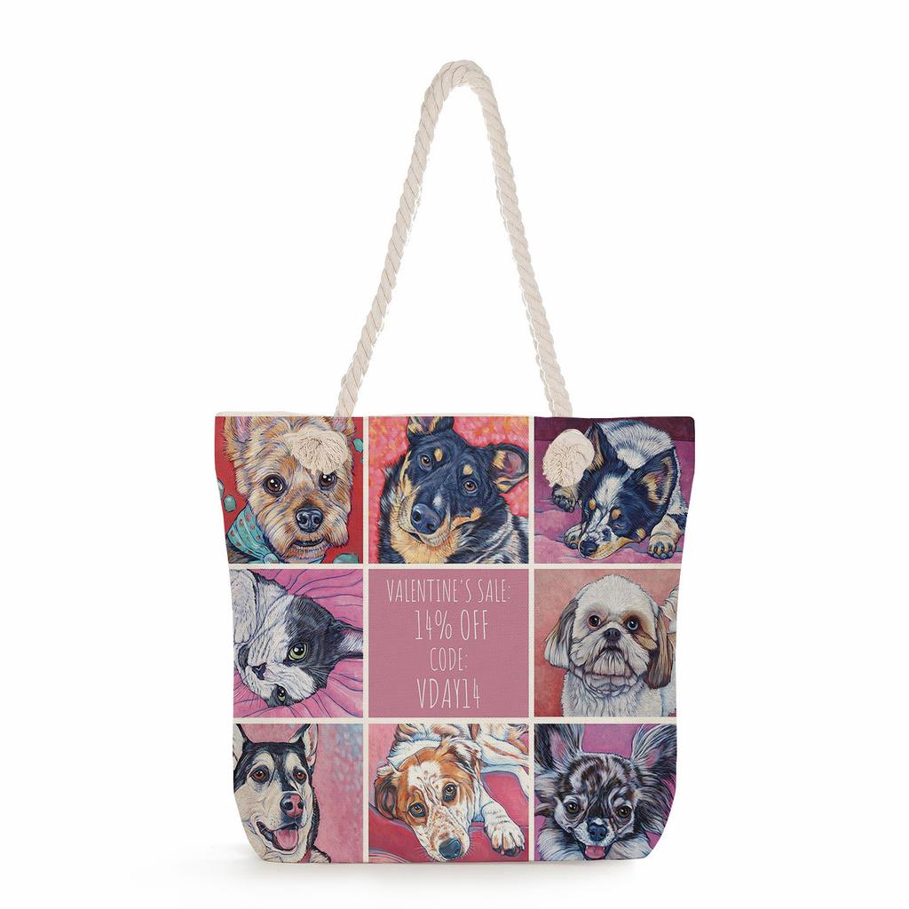 Oil Painting of a Dog Print Thick Rope Single-shoulder Beach Bag 7214