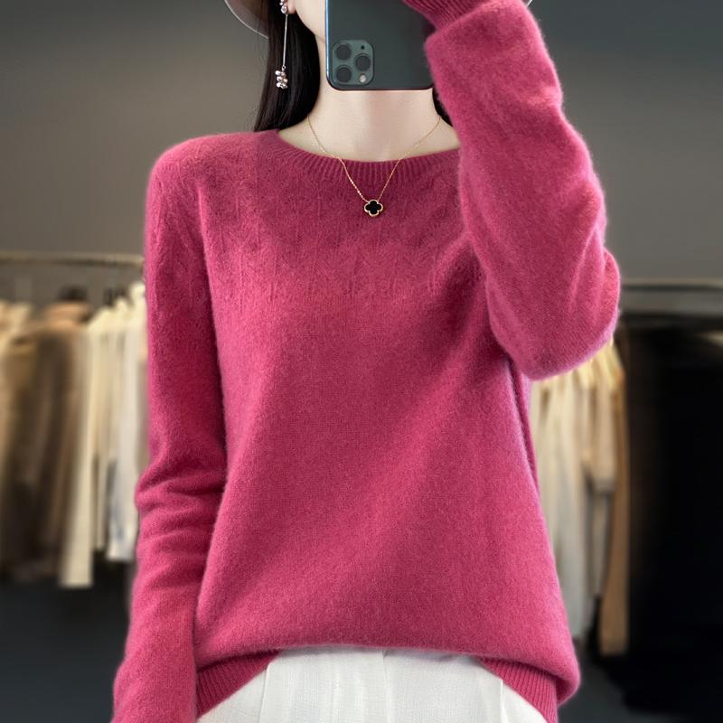 Women's Round Neck Sweater, Qinghe Cashmere, 30% Cashmere 70% Wool, Hollow Winter Knitted Pullover Autumn Sweater Cashmere Sweater