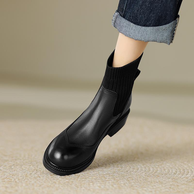 2024 New Vintage Short Boots for Women Genuine Leather Thick High Heels Autumn Winter Shoes Woman Square Toe Basic Office Lady