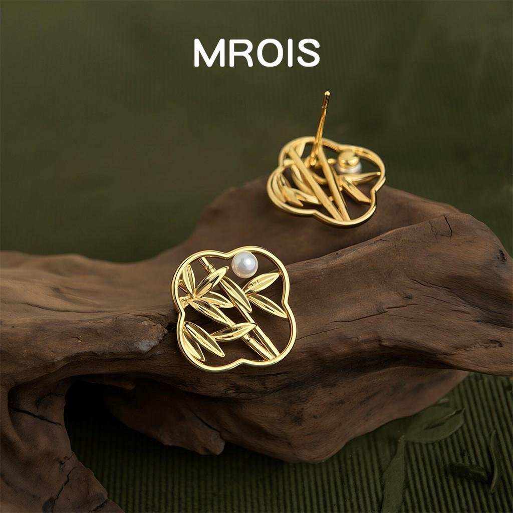 

Gold Plated 18k Bamboo Leaf Openwork Flower Stud Earrings Retro Chinese Style