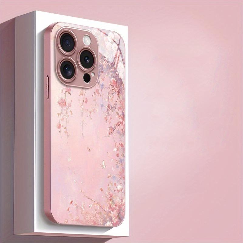 Olejomalba Růžové Květiny Metalická Barva Tvrzené Sklo Pouzdro na Telefon Pro iPhone 11 12 13 14 15 16 17 Pro Max Plus 16E 17Air Kryt