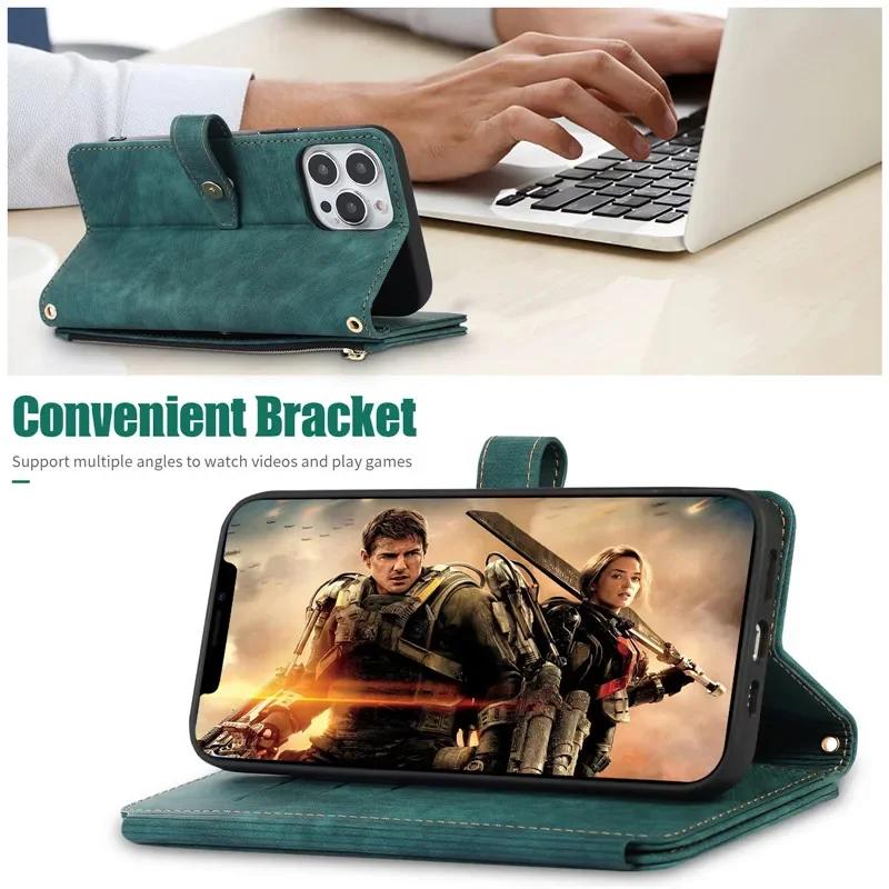 Long Lanyard Flip Leather Phone Case for iPhone 17 Air 16E 16 Pro Max 15 Plus 14 13 12 11 XS XR X Zipper Wallet Multi Card Cover