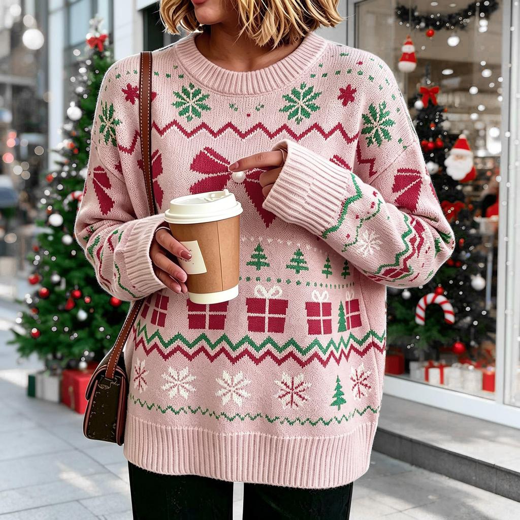 Women's Loose Fit Crewneck Christmas Snowflake Print Pullover Sweater Knit Top for Winter