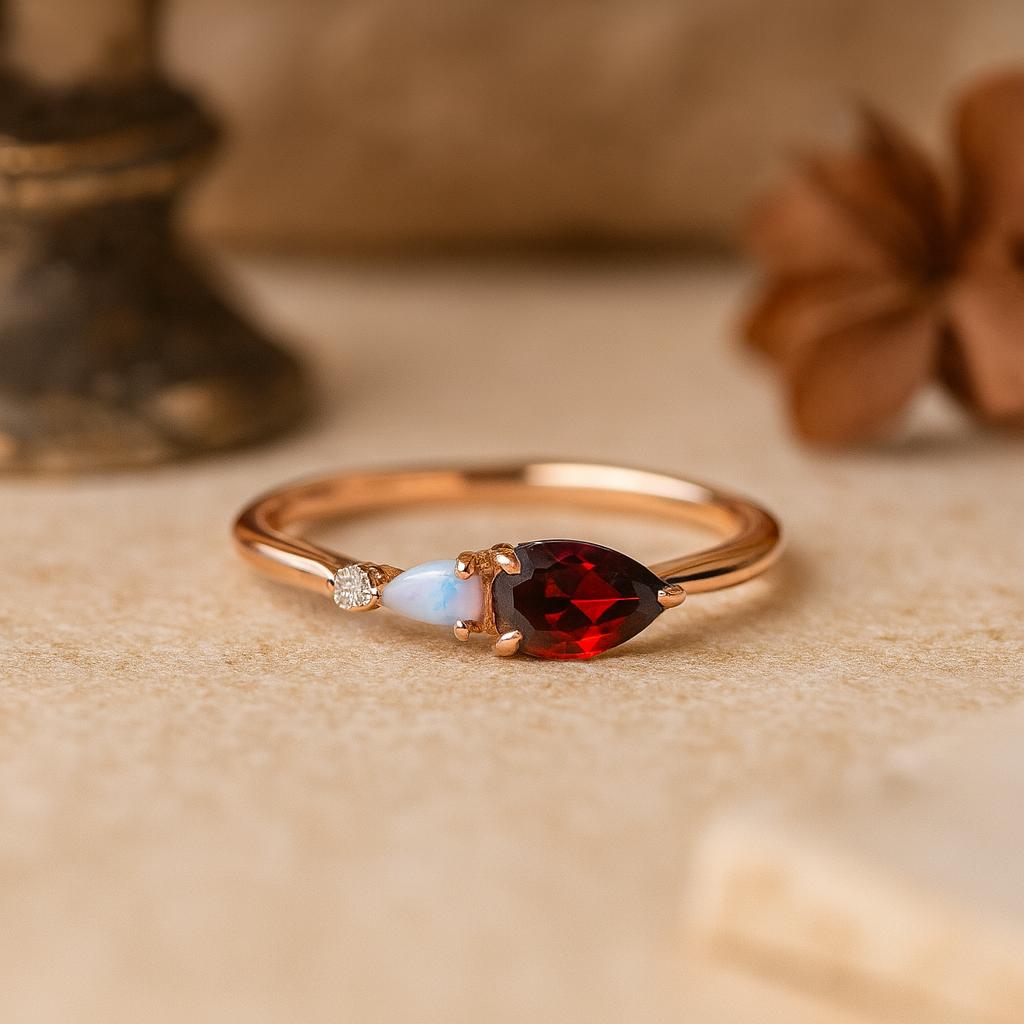 Red Garnet Bridal Ring, Pear Opal Statement Ring, Cubic Zirconia Wedding Ring, Rose Gold Plated Jewelry