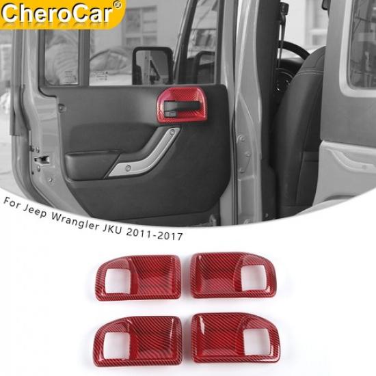 4pcs Door Handle Bowl Cover Trim for Jeep Wrangler JK 11-17 4 Doors Red Carbon
