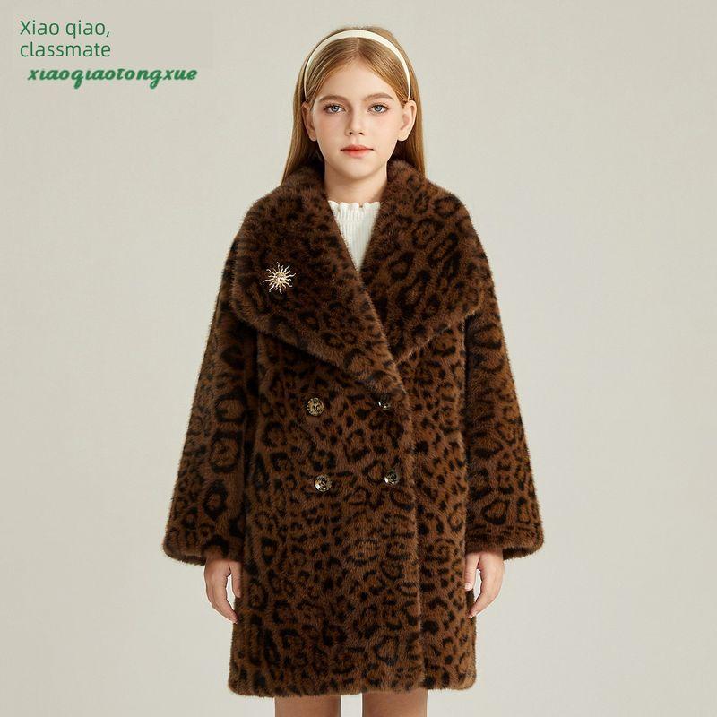 Children s Fur Coat Winter New Style Girls  Mid-Length Faux Mink Fur Leopard Print Golden Mink Velvet Coat for Older Kids Leopard Print Leopard Print 110