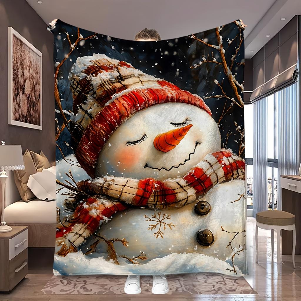 Vintage Snowman Flannel Throw Blanket, Plaid Hat Scarf Snowflake Winter Print Soft Warm Blanket for Sofa Bed Christmas Holiday Home Decor Gift