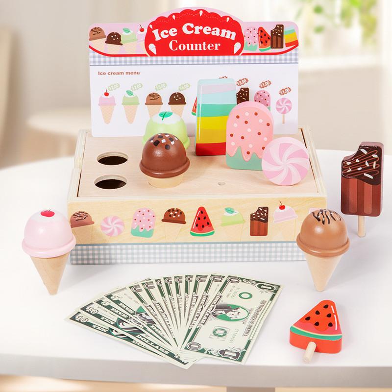 Children Ice Cream Shop Toy Wooden Construction Creative Pretend Role Play Gift