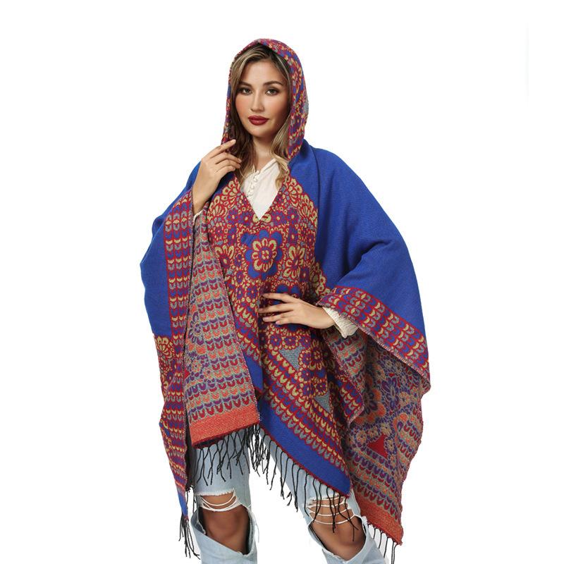 

New Style Warm Flower Woven Hooded Cape with Split Knitted Shawl 130*150CM красный