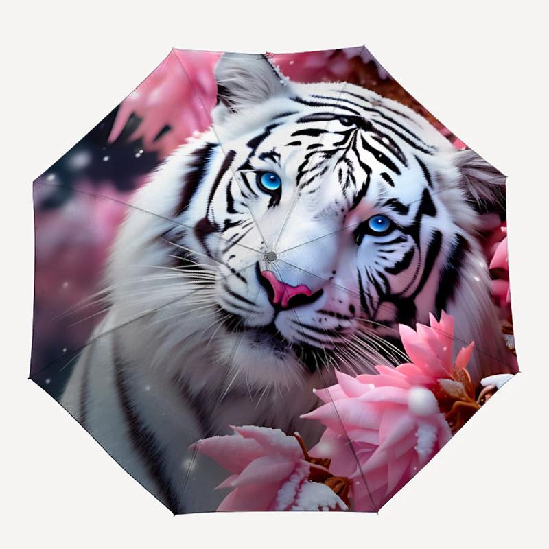 1pc White Tiger Print Automatic Open/Close Umbrella - Portable Collapsible Umbrella with 8-Rib Stability, Fashion Lovers yy251017200