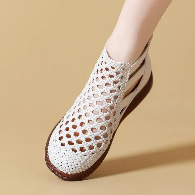 Fashion GKTINOO Large Size 2025 Genuine Leather Summer Sandals Breathable Hollow Boots Flat Soft Non-slip Comfortable Sandalias De Mujer
