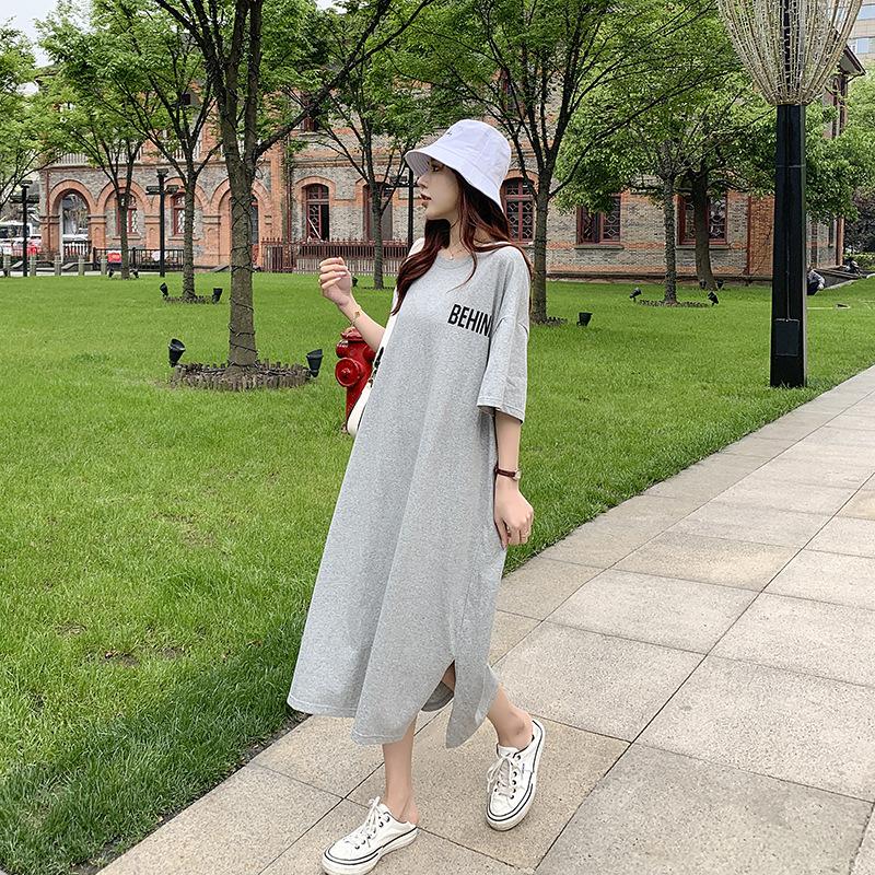 Fat Mm Summer 2026 New Korean Version Loose Large Size Split Knee T-shirt Long Skirt Short Sleeve Dress Women's Clothing