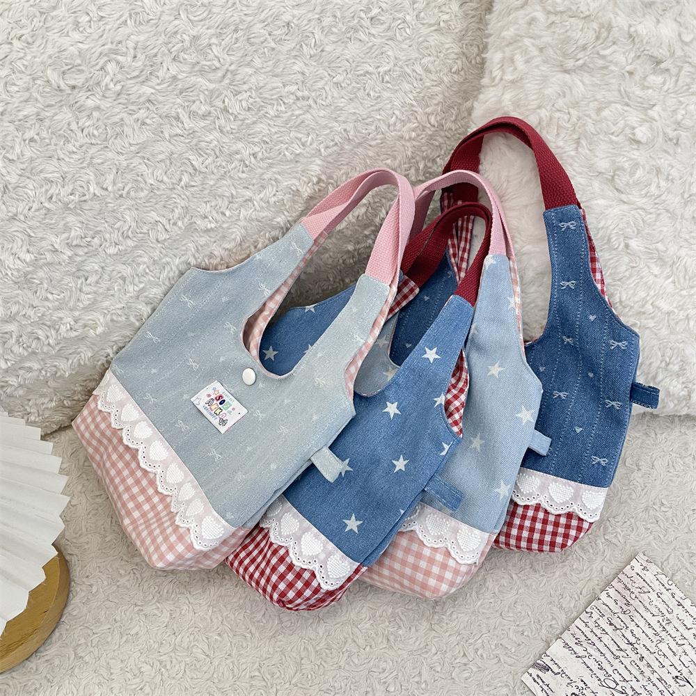 1 Sweet Lace Handbag Splicing Contrasting Color Handbag Going Out Portable Women's Bag